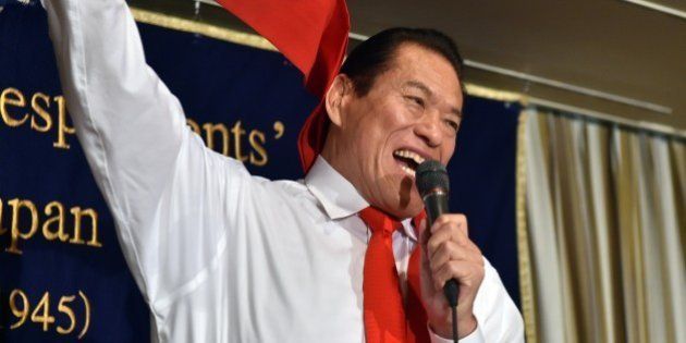 Former professional wrestler and Japan's Upper House member Antonio Inoki shouts at a press conference...