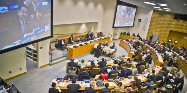 Large screen monitors broadcast Choe Myong Nam, North Korea's official in charge of U.N. affairs and human rights, as he speaks during a meeting of the U.N. General Assembly human rights committee, Tuesday, Nov. 18, 2014. The committee approved a resolution that urges the Security Council to refer the country's harsh human rights situation to the International Criminal Court. (AP Photo/Bebeto Matthews)