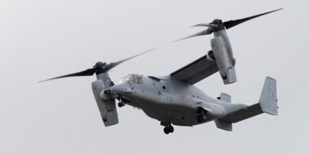 An MV-22 Osprey tiltrotor aircraft takes off to participate in a flying display on the second day of the Farnborough International Air Show in Farnborough, U.K., on Tuesday, July 10, 2012. The Farnborough International Air Show runs from July 9-15. Photographer: Matthew Lloyd/Bloomberg via Getty Images