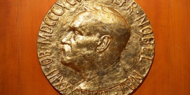 OSLO, NORWAY - OCTOBER 10: . The plaque is displayed inside the Norwegian Nobel Institute ahead of the Nobel Peace Prize announcement on October 10, 2014 in Oslo, Norway. (Photo by Ragnar Singsaas/Getty Images)