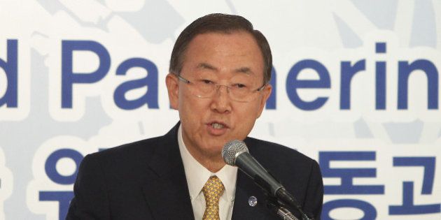 SEOUL, SOUTH KOREA - AUGUST 23: UN Secretary-General Ban Ki-Moon speaks during the breakfast meeting hosted by diplomatic corps at Lotte Hotel Seoul on August 23, 2013 in Seoul, South Korea. (Photo by Chung Sung-Jun/Getty Images)