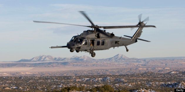 An HH-60G Pave Hawk from the 512th RQS flies a low level route during a training mission out of Kirtland Air Force Base, New Mexico.