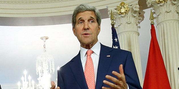 WASHINGTON, DC - JUNE 16: U.S. Secretary of State John Kerry (R) and Prince Albert II of Monaco (L) deliver remarks following a meeting at the State Department June 16, 2014 in Washington, DC. Kerry and Prince Albert were meeting as part of the 'Our Ocean' conference being held at the State Department. (Photo by Win McNamee/Getty Images)