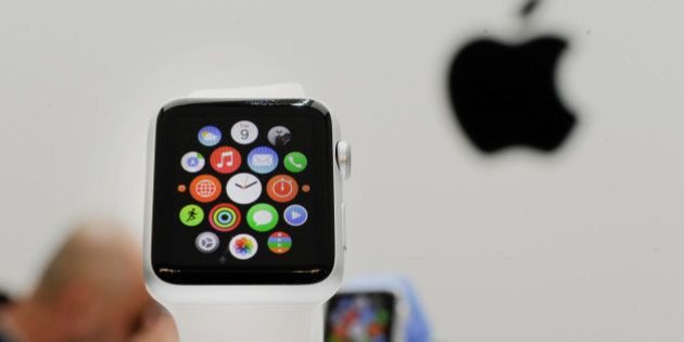 The Apple Watch is displayed after a product announcement at Flint Center in Cupertino, California, U.S., on Tuesday, Sept. 9, 2014. Apple Inc. unveiled redesigned iPhones with bigger screens, overhauling its top-selling product in an event that gives the clearest sign yet of the company's product direction under Chief Executive Officer Tim Cook. Photographer: David Paul Morris/Bloomberg via Getty Images