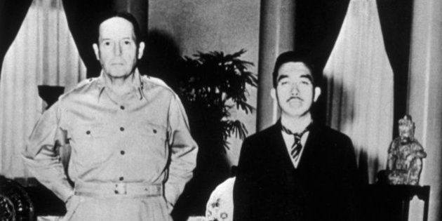 circa 1945: American soldier General MacArthur with Japanese Emperor Hirohito (1901 - 1989) at the United States Embassy in Tokyo. (Photo by Keystone/Getty Images)