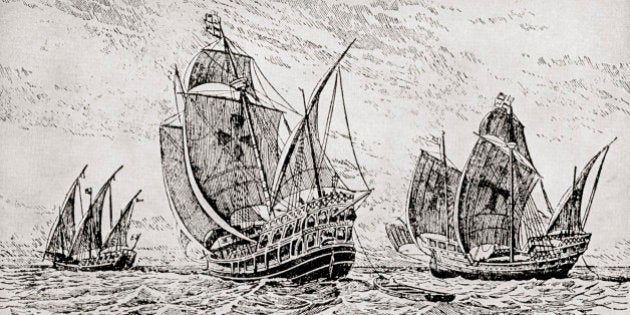 The Fleet Of Columbus, The Santa Maria, The Pinta And The Nina. Christopher Columbus C.1451 To 1506. Italian Navigator, Colonizer And Explorer. From The Great Explorers Columbus And Vasco Da Gama. (Photo by: Universal History Archive/UIG via Getty Images)