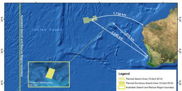 CANBERRA, AUSTRALIA - APRIL 10 : A handout image released by the Australian Maritime Safety Authority (AMSA) in Canberra, Australia, 10 April 2014, shows the search area in the Indian Ocean, West of Australia, where 14 planes and 13 ships are scouring a 57,923 square km area of ocean for the wreckage of flight MH370 on 10 April 2014. Flight MH370 went missing after losing radio contact with Malaysian and Vietnamese air traffic control after leaving Kuala Lumpur International Airport on March 8. The Beijing-bound flight carried 239 passengers including 12 flight crew from 14 different countries. (Photo by AMSA/Anadolu Agency/Getty Images)