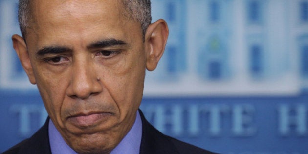 WASHINGTON, DC - JUNE 18: U.S. President Barack Obama pauses as he makes a statement regarding the shooting in Charleston, South Carolina, June 18, 2015 at the James Brady Press Briefing Room of the White House in Washington, DC. Authorities have arrested 21-year-old Dylann Roof of Lexington County, South Carolina, as a suspect in last night's deadly shooting at the Emanuel AME Church in Charleston, South Carolina, killing nine people. (Photo by Alex Wong/Getty Images)