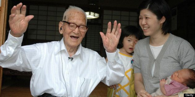 KYOTANGO, JAPAN - JUNE 20: (CHINA OUT, SOUTH KOREA OUT) Jiroemon Kimura celebrates being the oldest man in Japan at the age of 112 at his home on June 20, 2009 in Kyotango, Kyoto, Japan. (Photo by The Asahi Shimbun via Getty Images)