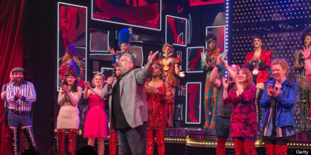 NEW YORK, NY - MAY 22: Harvey Fierstein and the cast of Kinky Boots announce The Harvey Fierstein 15-Bite Brooklyn Diner 'All Beef' Hot Dog Unveiling at Brooklyn Diner on May 22, 2013 in New York City. (Photo by Mike Pont/Getty Images)