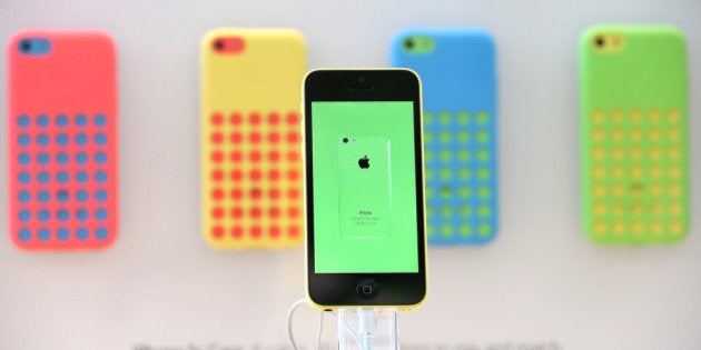 PALO ALTO, CA - SEPTEMBER 20: The new Apple iPhone 5C is displayed at an Apple Store on September 20,...