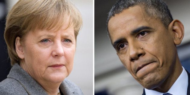 This combination of two pictures shows (at L) German Angela Merkel in Paris on February 6, 2012, and (at R) US President Barack Obama in Washington, DC, on October 8, 2013. Germany on October 24, 2013 summoned the US ambassador to Berlin over suspicions that Washington spied on Chancellor Angela Merkel's mobile phone, a foreign ministry spokeswoman said. Foreign Minister Guido Westerwelle will personally meet with US envoy John B. Emerson later Thursday, the spokeswoman told AFP, in a highly unusual step between the decades-long allies. AFP PHOTO / LIONEL BONAVENTURE - SAUL LOEB (Photo credit should read LIONEL BONAVENTURE,SAUL LOEB/AFP/Getty Images)
