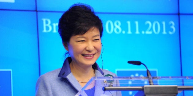 BRUSSELS, BELGIUM - NOVEMBER 8: South Korea's President Park Geun-hye talks during a media conference at the European Council building on November 8, 2103 in Brussels. South Korea's President Park Geun-hye is on a week long trip to France, Britain and Belgium, meeting with Belgian and EU officials. (Photo By Dursun Aydemir/Anadolu Agency/Getty Images)