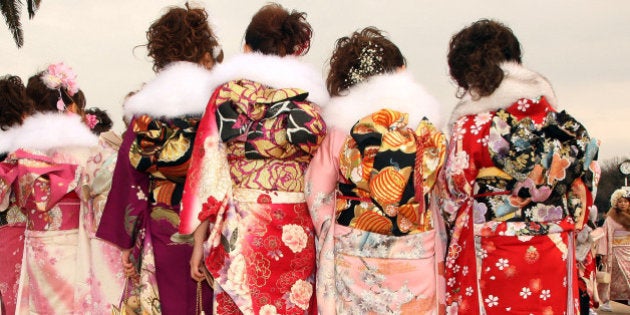 TOKYO - JANUARY 11: Japanese twenty-year-old women, dressed in traditional kimonos, attend the annual Coming-of-Age Day ceremony at Toshimaen Amusement Park on January 11, 2010 in Tokyo, Japan. 1.27 million young people celebrate their passage into adulthood on the day while they become eligible to drink alcohol, smoke and vote at the age of 20. (Photo by Koichi Kamoshida/Getty Images)