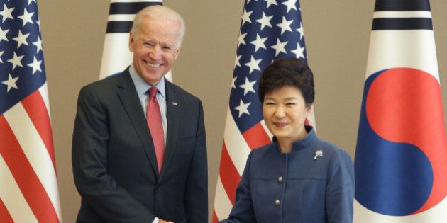 SEOUL, SOUTH KOREA - DECEMBER 06: U.S. Vice President Joe Biden (L) shakes hands with South Korean President Park Geun-Hye (R) during their meeting at presidentisl house on December 6, 2013 in Seoul, South Korea. Vice President Biden has been visiting Japan, China and South Korea this week. Some of the issues to discuss are the Trans-Pacific Partnership, diplomacy on the East China Sea and the South China Sea, economic relationship with China, implementation of the U.S.-Korea Free Trade Agreement, and alliance issues in both Japan and Korea. (Photo by Chung Sung-Jun/Getty Images)