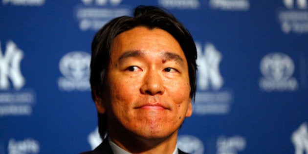 NEW YORK, NY - JULY 28: Former New York Yankee Hideki Matsui speaks during a press conference prior to a game against the Tampa Bay Rays at Yankee Stadium on July 28, 2013 in the Bronx borough of New York City. Matsui is to be honored before the game. (Photo by Jim McIsaac/Getty Images)