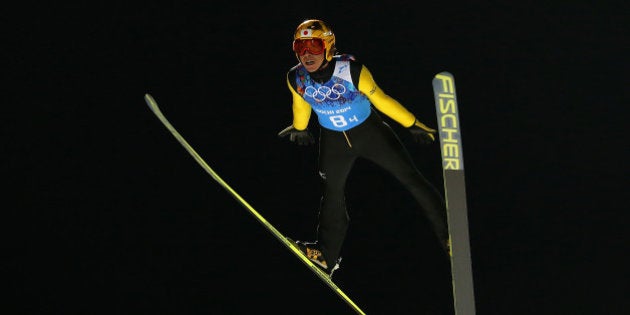 SOCHI, RUSSIA - FEBRUARY 17: Noriaki Kasai of Japan jumps during the Ski Jumping Men's Team Large Hill final round on day 10 of the Sochi 2014 Winter Olympics at RusSki Gorki Jumping Center on February 17, 2014 in Sochi, Russia. (Photo by Robert Cianflone/Getty Images)