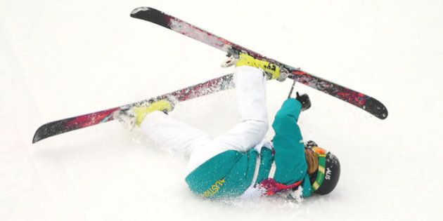 SOCHI, RUSSIA - FEBRUARY 11: Anna Segal of Australia falls while competing in the Freestyle Skiing Women's Ski Slopestyle Finals on day four of the Sochi 2014 Winter Olympics at Rosa Khutor Extreme Park on February 11, 2014 in Sochi, Russia. (Photo by Mike Ehrmann/Getty Images)