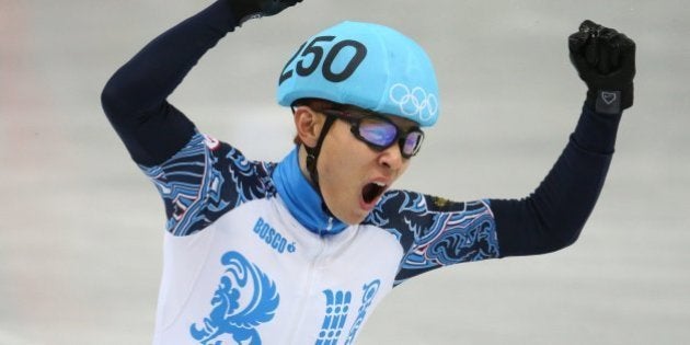 Russia's Victor An reacts as he his team wins a semifinal of the men's 5000m short track speed skating relay at the Iceberg Skating Palace during the Winter Olympics in Sochi, Russia, Thursday, Feb. 13, 2014. (Brian Cassella/Chicago Tribune/MCT via Getty Images)