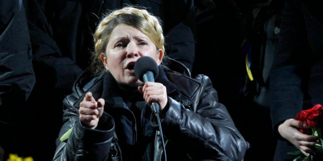 KIEV, UKRAINE - FEBRUARY 22: Former Ukrainian Prime Minister Yulia Tymoshenko delivers a speech at the Independence Square after her release in the capital in Kiev, Ukraine on February 22, 2014. Tymoshenko, who was in prison since August 2011, was convicted and sentenced to seven years imprisonment for abusing her powers as prime minister by ordering Ukrainian Naftogaz to sign a gas deal with Russia in 2009. (Photo by Bulent doruk/Anadolu Agency/Getty Images)