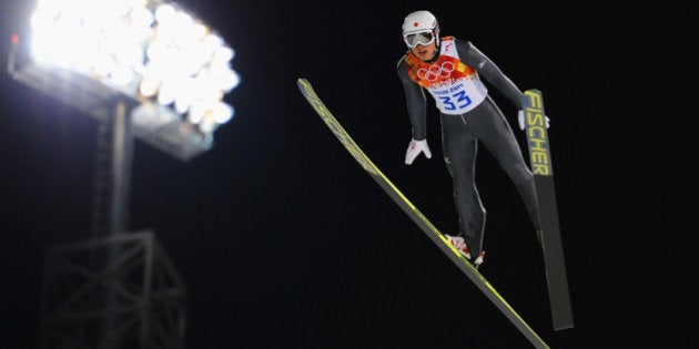 SOCHI, RUSSIA - FEBRUARY 08: Reruhi Shimizu of Japan jumps during the Men's Normal Hill Individual Qualification on day 1 of the Sochi 2014 Winter Olympics at the RusSki Gorki Ski Jumping Center on February 8, 2014 in Sochi, Russia. (Photo by Lars Baron/Getty Images)