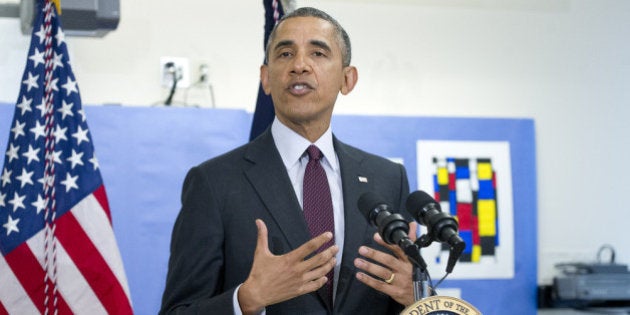 WASHINGTON, DC - MARCH 4: U.S. President Barack Obama delivers remarks on the FY 2015 budget at Powell Elementary School on March 4, 2014 in Washington, D.C. The President also took a question on the situation in the Ukraine. (Photo by Ron Sachs-Pool/Getty Images)