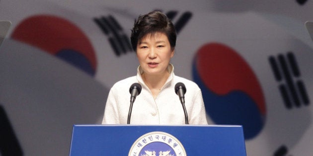 SEOUL, SOUTH KOREA - AUGUST 15: South Korean President Park Geun-Hye speaks during the 69th Independence Day ceremony at Sejong Art Center on August 15, 2014 in Seoul, South Korea. Korea was liberated from Japan's 35-year colonial rule in 1945. (Photo by Chung Sung-Jun/Getty Images)