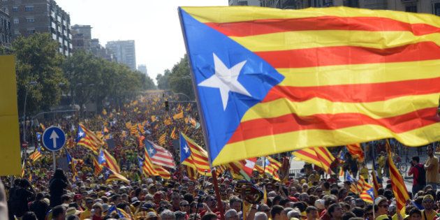 BARCELONA, SPAIN - SEPTEMBER 11: Catalans march during a Pro-Independence demonstration as part of the celebrations of the National Day of Catalonia on September 11, 2014 in Barcelona, Spain. (Photo by Evrim Aydin/Anadolu Agency/Getty Images)