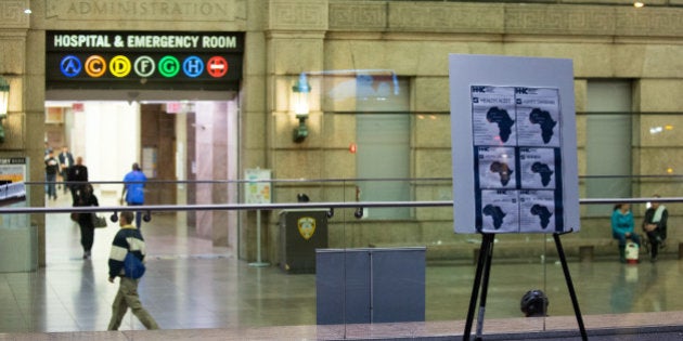 NEW YORK, NY - OCTOBER 23, 2014: A health alert is displayed at the entrance to Bellevue Hospital October 23, 2014 in New York City. After returning to New York City from Guinea where he was working with Doctors Without Borders treating Ebola patients, Dr. Craig Spencer was quarantined after showing symptoms consistent with the virus. Spencer was taken to Bellevue hospital to undergo testing. (Photo by Bryan Thomas/Getty Images)