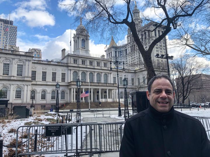 Councilman Costa Constantinides, a native of the western Queens neighborhood of Astoria, stands in City Hall Park to announce his latest bills.