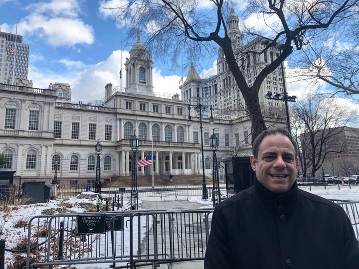 Councilman Costa Constantinides, a native of the western Queens neighborhood of Astoria, stands in City Hall Park to announce