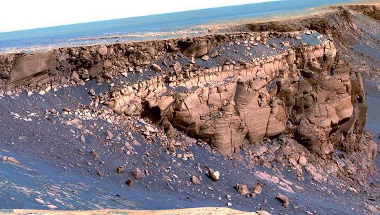A false-colour image of the Mars landscape captured by Opportunity.