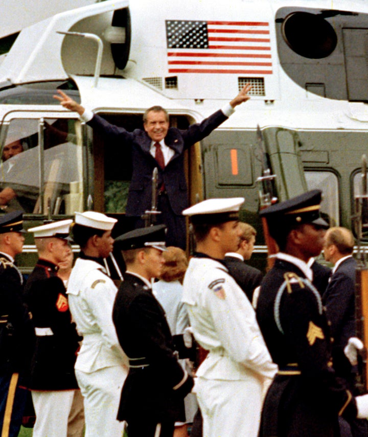 President Richard Nixon leaves the White House on Aug. 9, 1974, after resigning office to avoid being impeached.