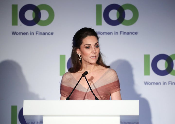 The Duchess of Cambridge, patron of 100 Women in Finance's Philanthropic Initiatives, delivers a speech at a gala dinner in aid of Mentally Healthy Schools.