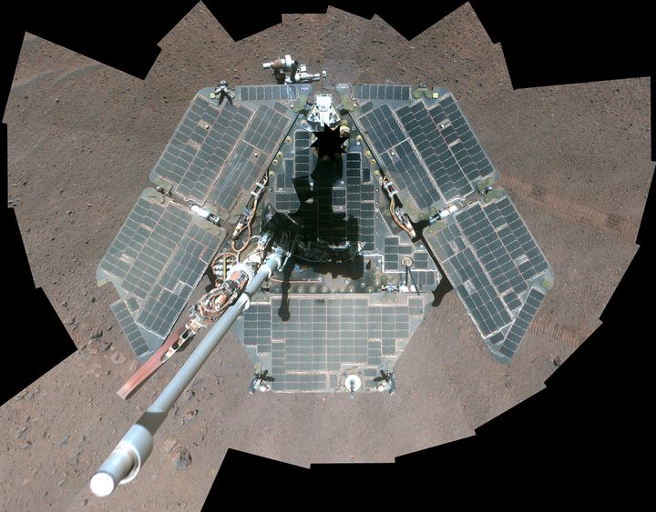 A self-portrait of NASA's Mars Exploration Rover Opportunity, using a combination of multiple frames taken by Opportunity's panoramic camera (Pancam) is seen on Mars in 2014.