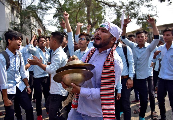 Students shout slogans during a protest to demand the withdrawal of the Citizenship Amendment Bill in Nagaon district of Assam, February 13, 2019.