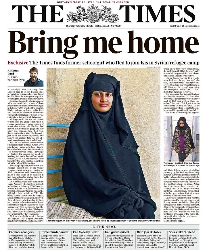 The Times newspaper carried its exclusive interview with a British teenage Isis bride on its front page on Thursday.