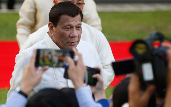 Philippine President Rodrigo Duterte talks to the media on Jan. 16, 2019, at the Presidential Palace grounds in Manila. I