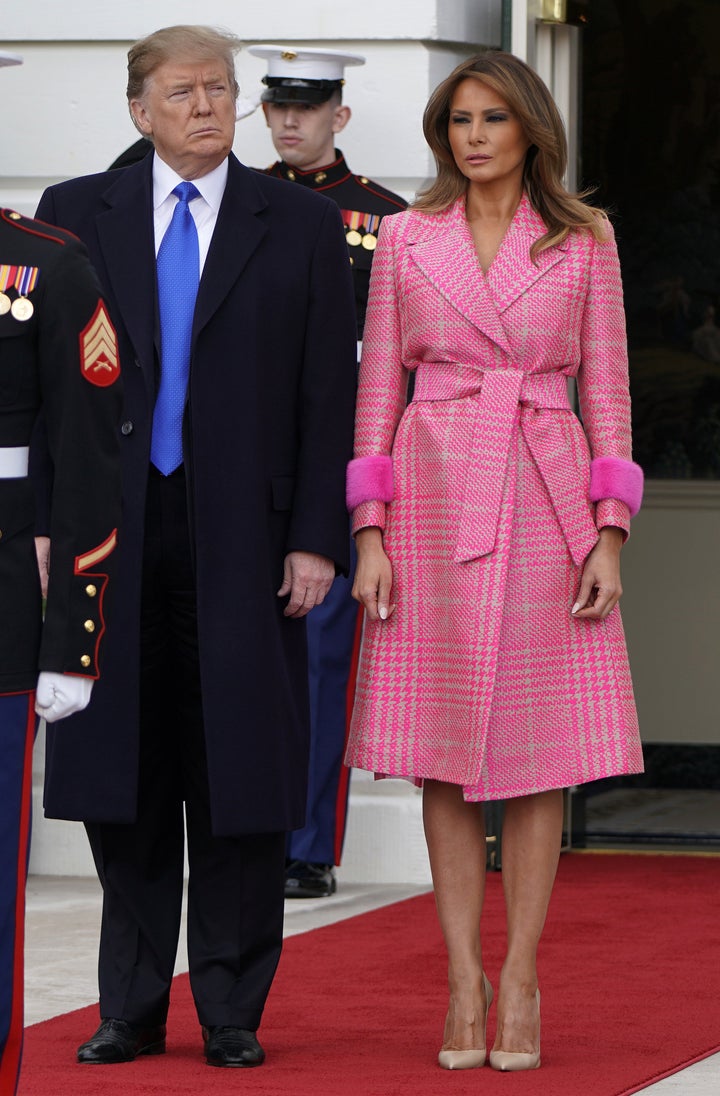 President Donald Trump and first lady Melania Trump wait for the arrival of Ivan Duque, Colombia's president at the White House on Feb. 13.