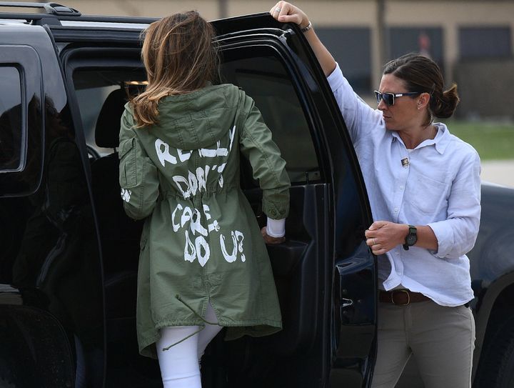 First lady Melania Trump departs Andrews Air Rorce Base in Maryland June 21, 2018 wearing a jacket emblazoned with the words 'I really don't care, do you?' following her surprise visit with child migrants on the US-Mexico border.