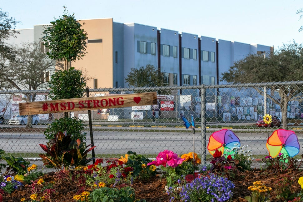 A memorial to the victims is seen outside Marjory Stoneman Douglas High School during the one-year anniversary of the school