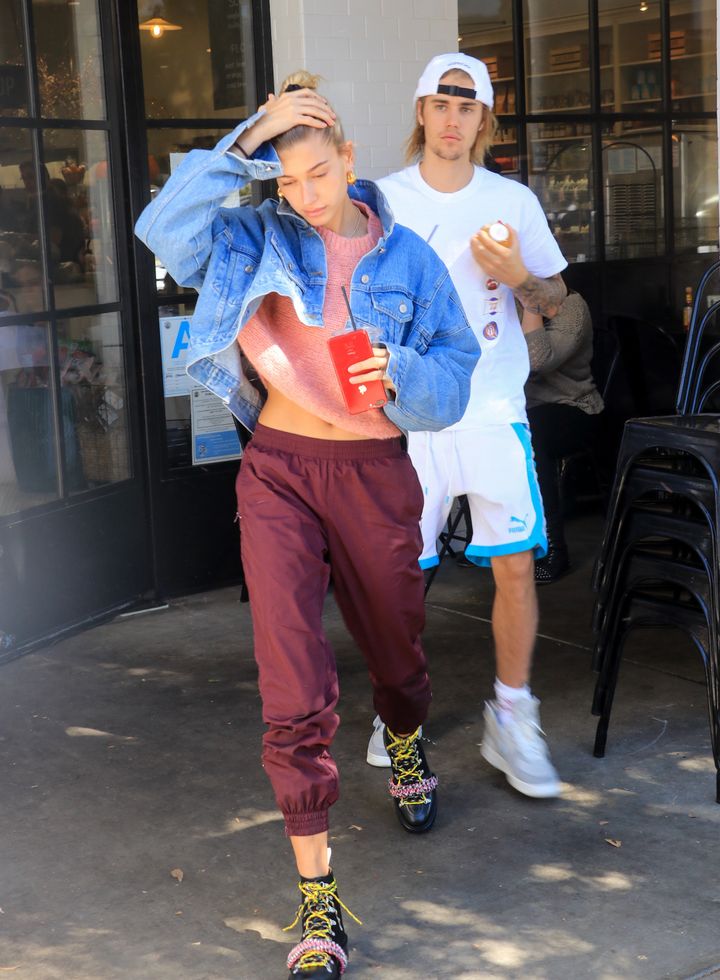 Hailey Baldwin and Justin Bieber out and about in Los Angeles last October.