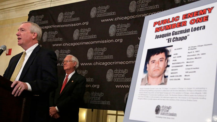 Jack Riley (left) in Chicago at the announcement of Guzman as the city's public enemy No. 1 in February 2013. A former t