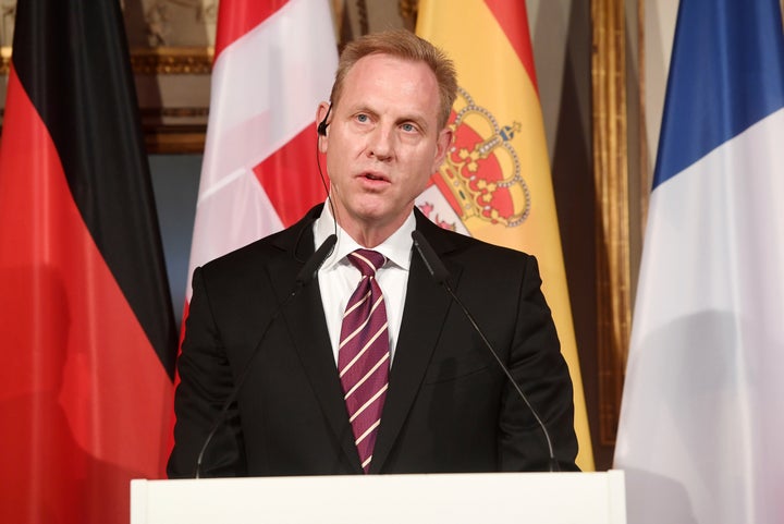 United States Secretary of Defense Patrick Shanahan talks to the media at a meeting of ministers of Defense during the Intern