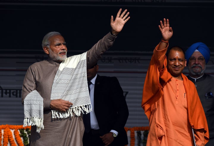 Narendra Modi and Yogi Adityanath during a public rally in Noida on December 25, 2017.