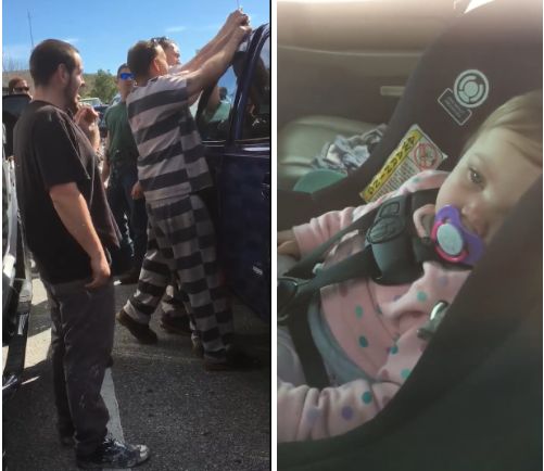One-year-old Dallas sits patiently inside her parents' car as several inmates work to open the locked vehicle with a wire clothes hanger.