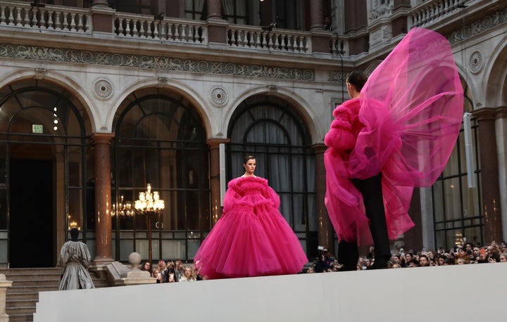 Models walk the runway at the Molly Goddard show on Feb. 16 in London. 