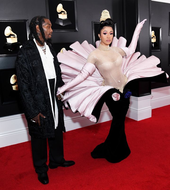 Offset and Cardi B, wearing a 1995 Thierry Mugler gown, at the Grammy Awards on Feb. 10 in Los Angeles. She wore two additional Mugler looks throughout the night.