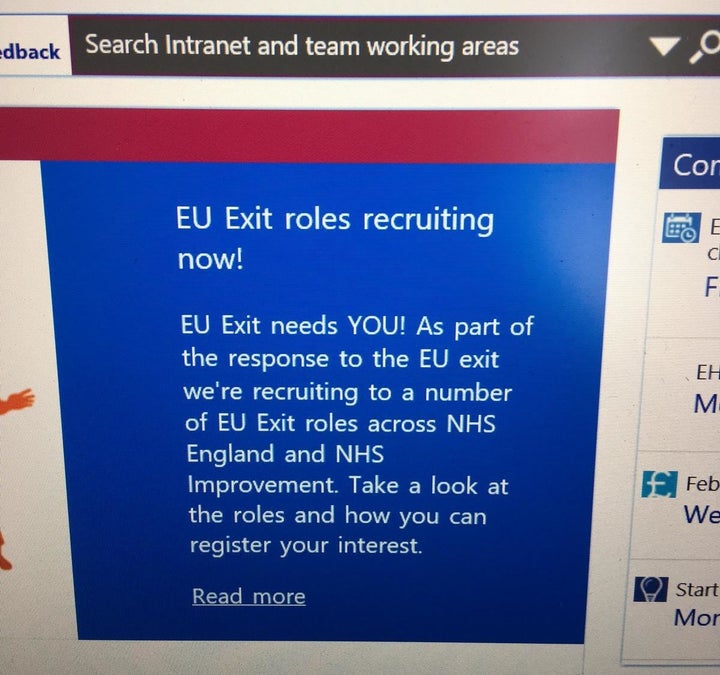 A screenshot of the NHS England message currently appearing on the service's intranet