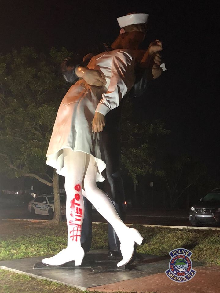 The statue, called Unconditional Surrender, was found spraypainted with the "MeToo" hashtag early Tuesday morning, police said.